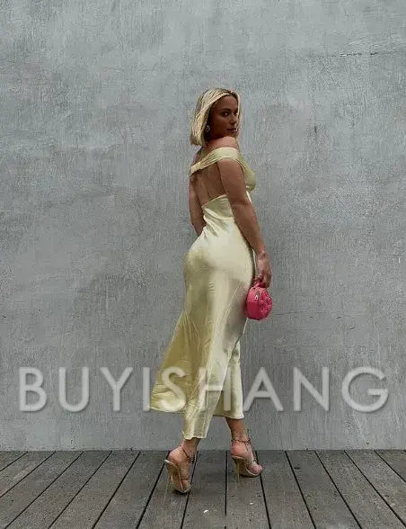 Buyishang Classy Mermaid Off The Shoulder Yellow Satin Long Evening Dress Prom Dresses